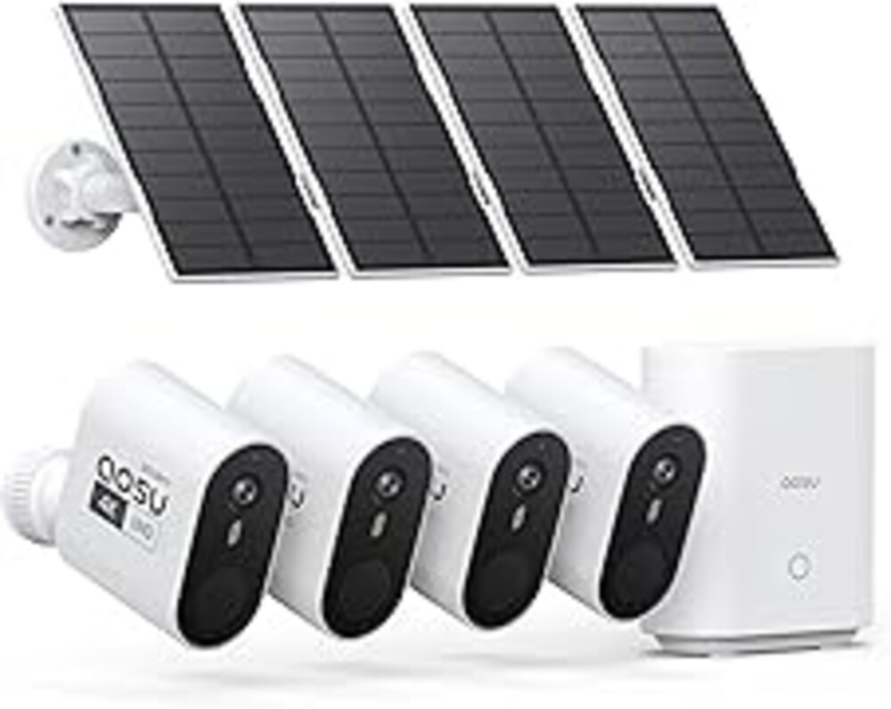 aosu 3K/5MP Security Cameras Outdoor Wireless Home Surveillance System, Solar Powered, 166° Ultra-Wide-Angle, HD Color Night Vision, Spotlight & Siren Alarm, Motion Alert, Easy Setup, 4-Cam-Kit