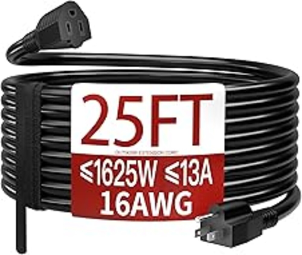 Skrizcable 16/3 25 FT Outdoor Extension Cord Waterproof, Weatherproof & Flame Retardant Black 3 Prong Power Cord Outside for Lawn & Garden, 13 Amps 1625 Watts 125 VAC 16AWG SJTW, ETL Listed