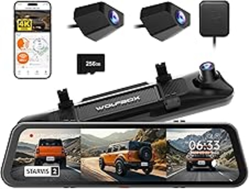 WOLFBOX G900 Tripro Bumper Version 3 Channel 4K Mirror Dash Cam, 8MP STARVIS 2 IMX678 Night Vision, 4K+2.5K+1080P Front and Rear Bumper Dash Cam, 5.8GHz WiFi, Voice Control, Includes 256GB Card & GPS