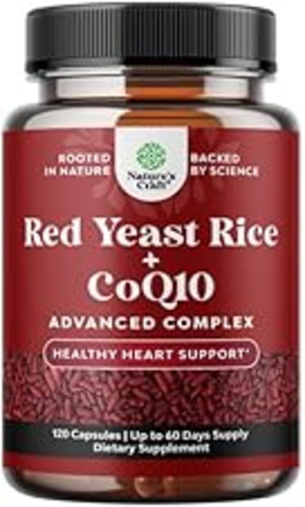 Natures Craft Red Yeast Rice with CoQ10 Supplement - Advanced Healthy Heart & Healthy Cholesterol Levels Formula for Men & Women - Red Yeast Rice Capsules with 1200 mg per Serving and CoQ10-120 Count