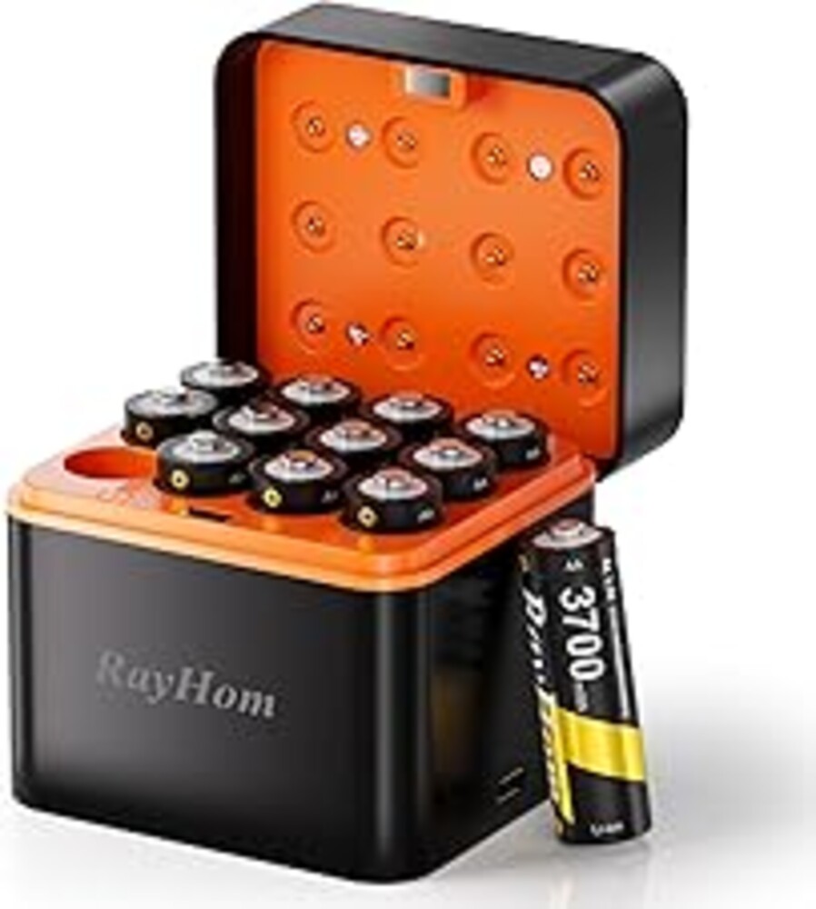 Rechargeable AA Lithium Batteries with Charger-12Pack Double A Batteries for Blink Camera, 1.5V Constant Output 3700mWh High Capacity, Cycle Times Up to 1600, with 12 Slot aa Li-Ion Battery Charger