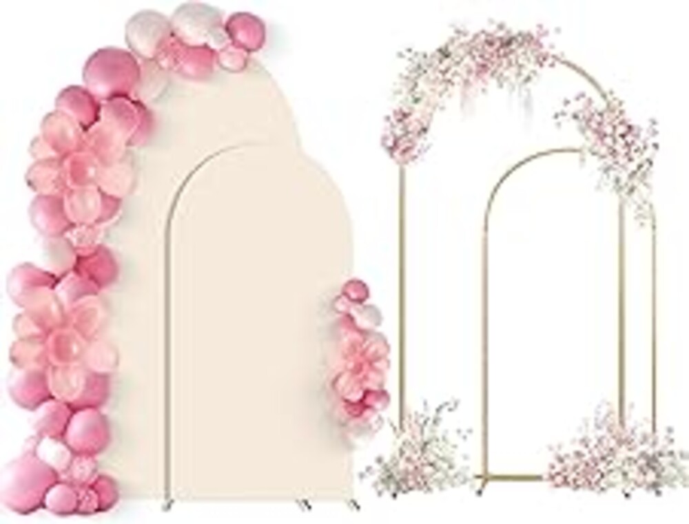 SuuWoee Arch Backdrop Stand Set of 2 With Beige Cover (7.2FT+6FT),Gold Metal Wedding Arch Balloon Stand With Cover for Birthday Party Baby Shower Graduation Ceremony Decoration
