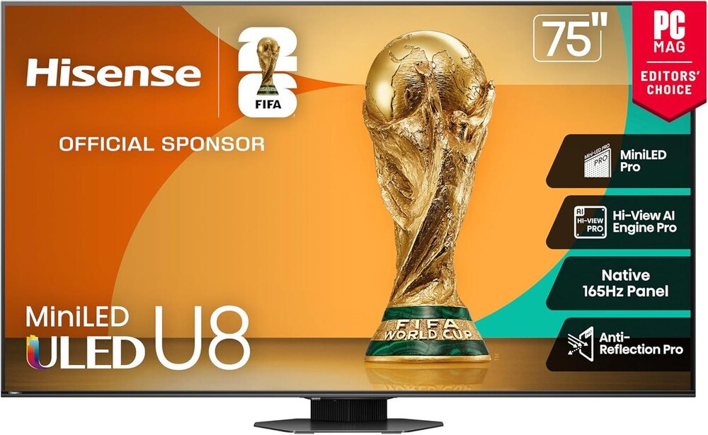 Hisense 75" Class U8 Mini-LED ULED 4K UHD Google Smart TV (75U8QG, 2025 Model) - QLED, Native 165Hz, VRR 288, Up to LD5600, 5000 Nits, HDR10+, Dolby Vision IQ · Atmos, IMAX Enhanced, 4.1.2 Ch Audio