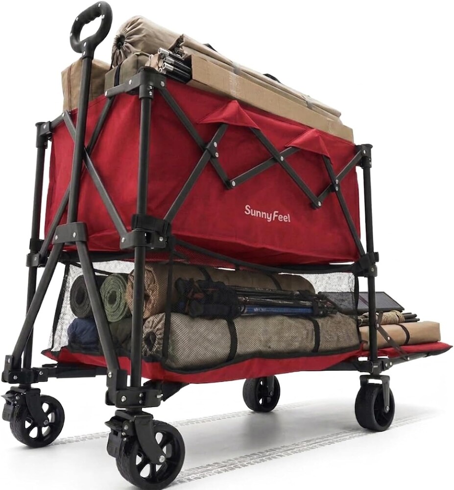 SUNNYFEEL Lightweight 47''L Double Decker Wagon for Sport, 270L Collapsible Wagon Cart,331lbs Collapsible Outdoor Utility Wagon Cart for Shopping Garden Camping,Red-Lightweight