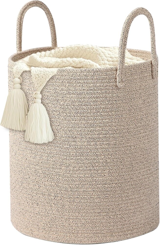 Large Woven Laundry Basket Hamper,Cotton Rope Storage Basket with Handles, 60L Capacity, 15x20 Inch, Beige, Woven Rope Basket Organizer for Laundry, Toys, Blankets