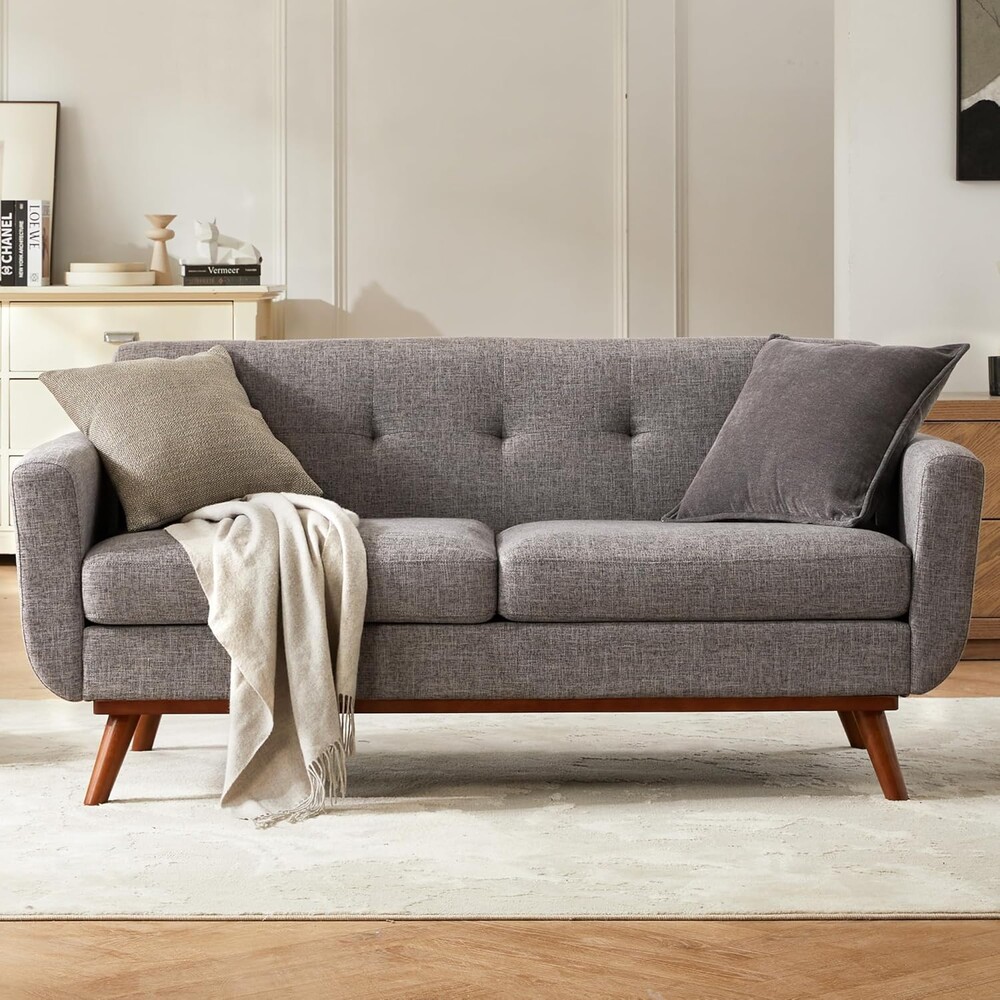 Kingfun 65.2" W Loveseat Sofa, Mid Century Modern Decor Love Seat Couches for Living Room, Button Tufted Upholstered Furniture, Solid & Easy to Install Small Couch for Bedroom Office Apartment, Grey | linen fabric, button tufted, solid wood foot, pocket s