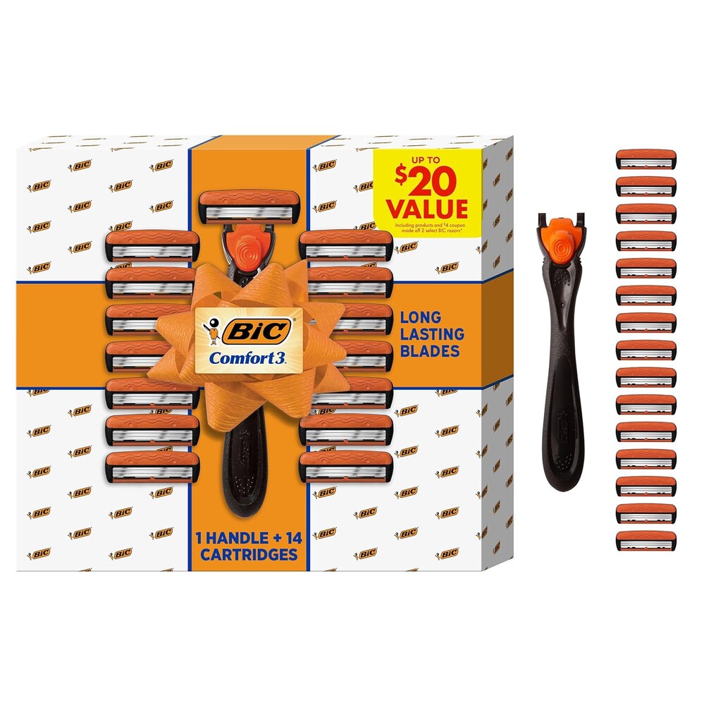 BIC Comfort 3 Refillable Men's 3-Blade Razors Holiday Gift Set, 1 Handle and 14 Cartridges, Stocking Stuffer for Men