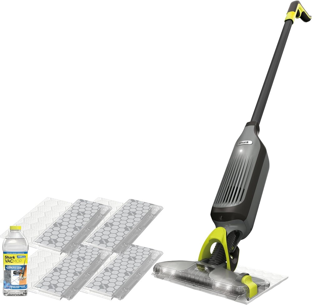 Shark VACMOP Cordless Hard Floor Cleaner, Vacuum and Spray Mop, Powerful Suction, Lightweight, LED Headlights, Includes 4 Disposable Pads, 12oz Multi-Surface Cleaning Solution, Gray, VM252