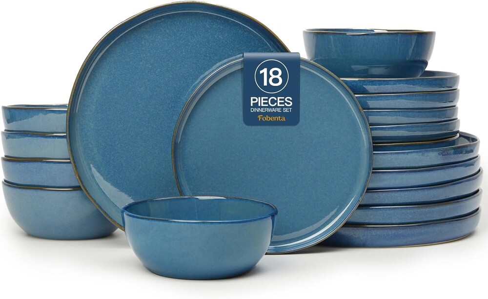 FOBENTA 18 Piece Slate Blue Ceramic Plates and Bowls Set,Minimalist Dinnerware Sets for 6 – Dark Dish Set with Sculpted Edge for Modern Living