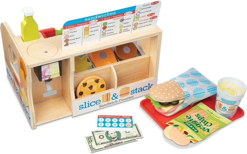 Melissa & Doug Slice-Stack-Serve, Wooden Sandwich Counter Pretend Play Store with Play Food Toys, Play Money & Deli Slicer, Preschool Toys for Kids 3+