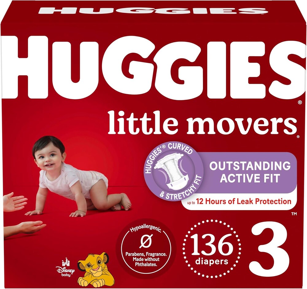 Huggies Size 3 Diapers, Little Movers Baby Diapers, Size 3 (16-28 lbs), 136 Count, Packaging May Vary