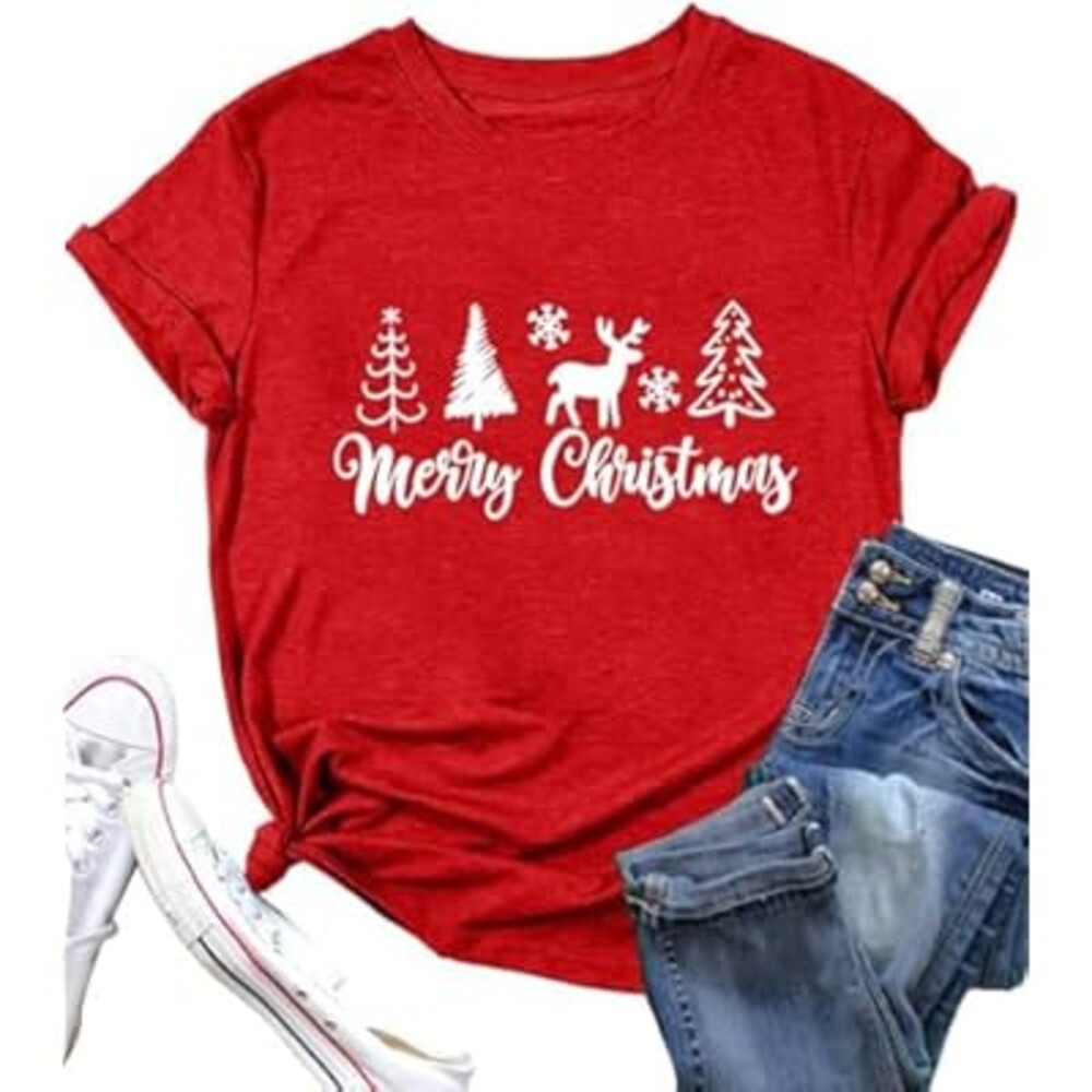 DESFSE Merry Christmas Shirts for Women Christmas Short Sleeve Tshirt Xmas Buffalo Plaid Tree Cute Graphic Print Tee Tops