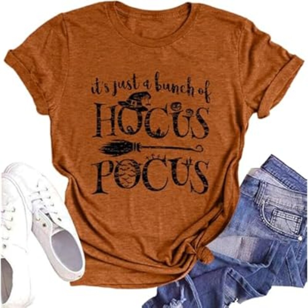DESFSE It's Just A Bunch of Hocus Pocus T-Shirts for Women Sanderson Sisters Shirt Halloween Movie Graphic Fall Tee Tops