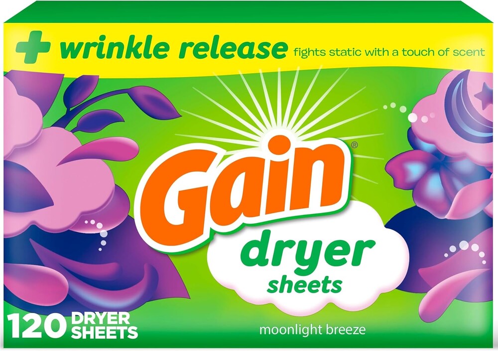 Gain dryer sheets Plus Wrinkle Release, Moonlight Breeze Scent, 120 Count, Fights static with a touch of scent, laundry sheets