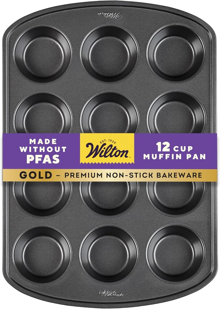 Wilton Gold Non-Stick Bakeware Muffin Pan - Baking Pan for Muffins & Cupcakes - Made Without PFAS, Dent Resistant & Dishwasher Friendly - Offers Even Heat Distribution - 10.5 x 15 x 2 Inches, 12 Cup