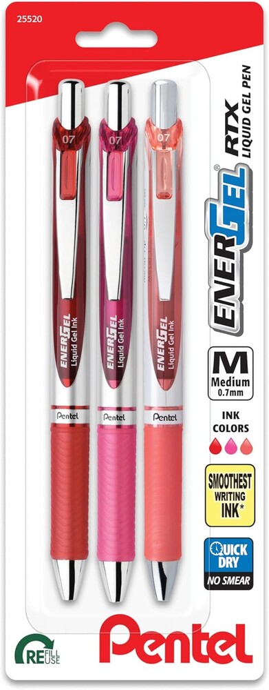Pentel EnerGel RTX Retractable Liquid Gel Pen, 0.7mm, Journaling Hue, Red, Pink and Coral Ink, Pack of 3 Pens (BL77RBJBP3M)