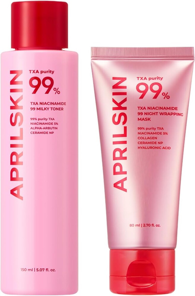 APRILSKIN TXA Pink Overnight Skincare Duo: TXA Niacinamide 99 Pink Milky Toner and TXA Niacinamide 99 Overnight Wrapping Mask