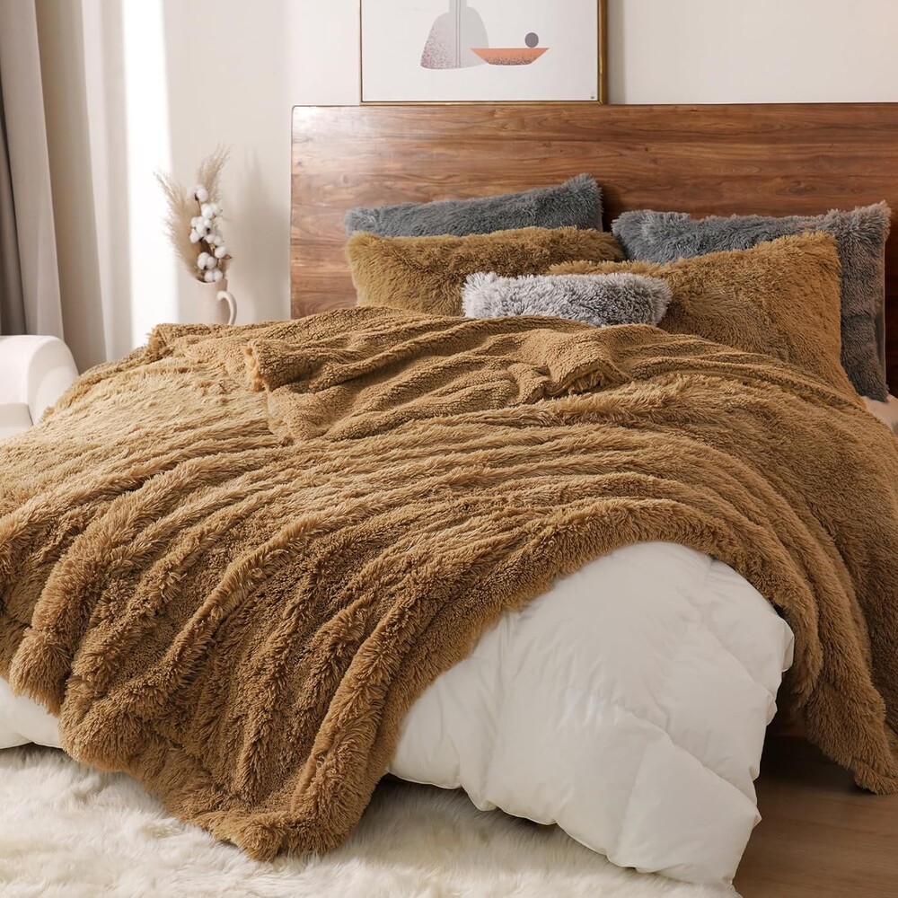 PHF Luxury Fuzzy Faux Fur Twin Blanket, Soft Shaggy Plush Comfy Blanket, Warm Thick Fluffy for Couch, Bed, Chair, Sofa, Furry Elegant Throw for Home Decor, Taupe, 60" x 80"