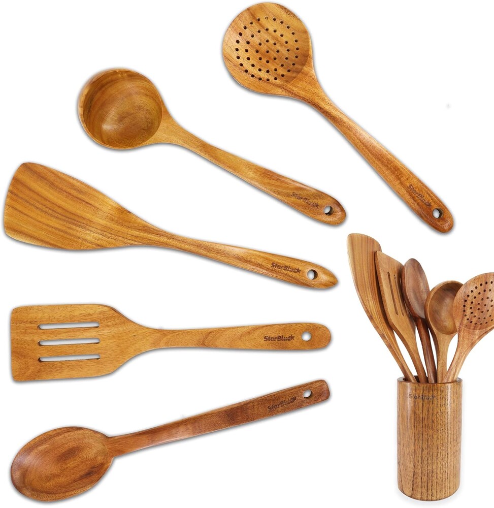 StarBlue Acacia Wooden Utensils Set 6 Pcs - Non-Scratching Durable Natural Wood Cooking Spatulas & Spoons for Nonstick Cookware with Holder