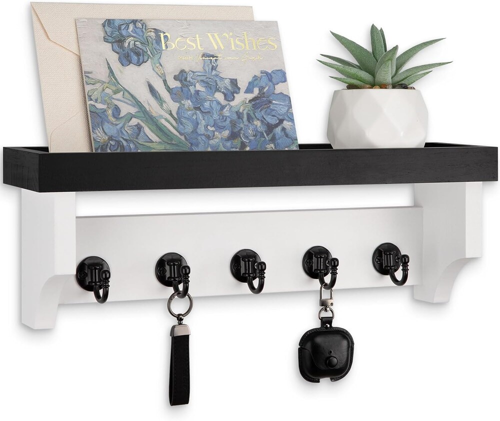 Key and Mail Holder Wall Mount, Key Holder with Shelf and Mail Organizer Wall Mount. Mail Holder with 5 Hooks for Coat, Dog Leash, Home Decor Rack, Entry Way Organizer (Black & White)