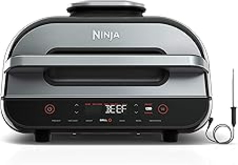 Ninja | Indoor Grill and Air Fryer| Foodi Smart XL | 6-in-1 Grill, Air Fry, Roast, Bake, Broil, Dehydrate & Crisp |Smart Thermometer & Splatter Shield | Dishwasher Safe Parts | Black/Silver | FG551