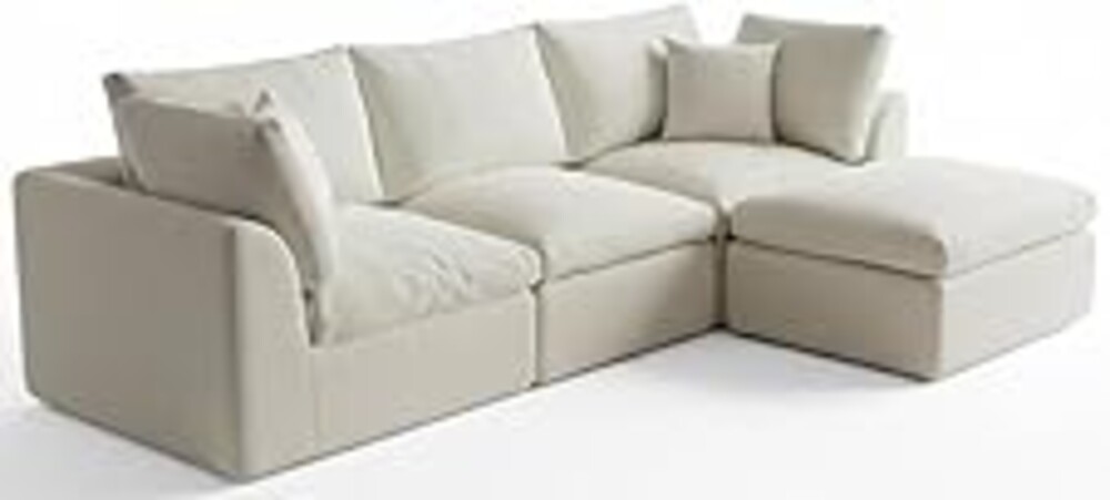 ohllob 110" Cloud Sectional Couches for Living Room, Convertible L-Shape Couch with Ottoman, 3 Seater Modular Sectional Sofa, Warm White