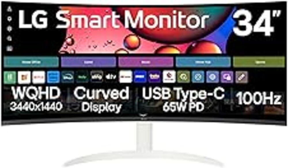 LG 34SR63QA-W 34 inch Smart Curved Monitor with Streaming TV, QHD 1440p, UltraWide Screen, USB Type-C 65W PD, 1800R, webOS, HDR10, 100Hz, Built-in Speaker, AirPlay2, Screen Share, Bluetooth, White