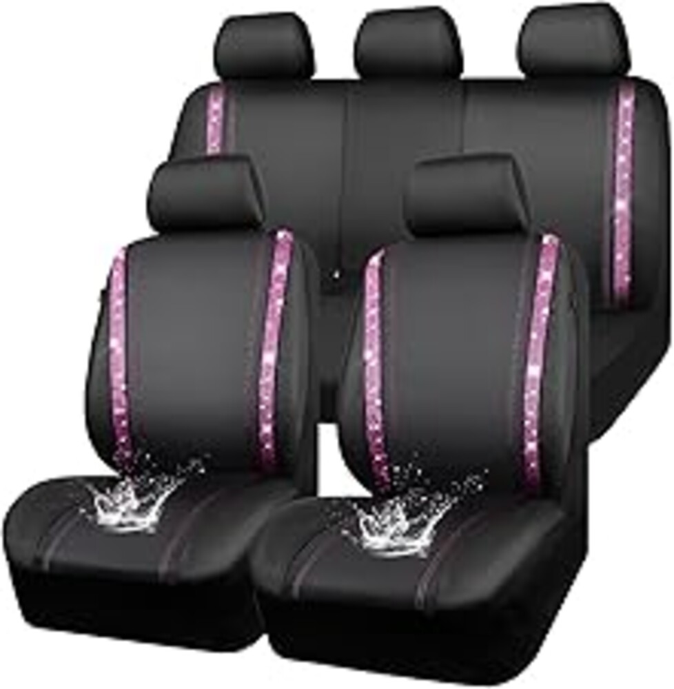 CAR PASS Bling Diamond Car Seat Covers Full Set, Shining Rhinestone Waterproof Faux Leather, Rear with Zipper, Universal Fit Automotive Glitter Crystal Sparkle Strips for Women Girl, Black Pink