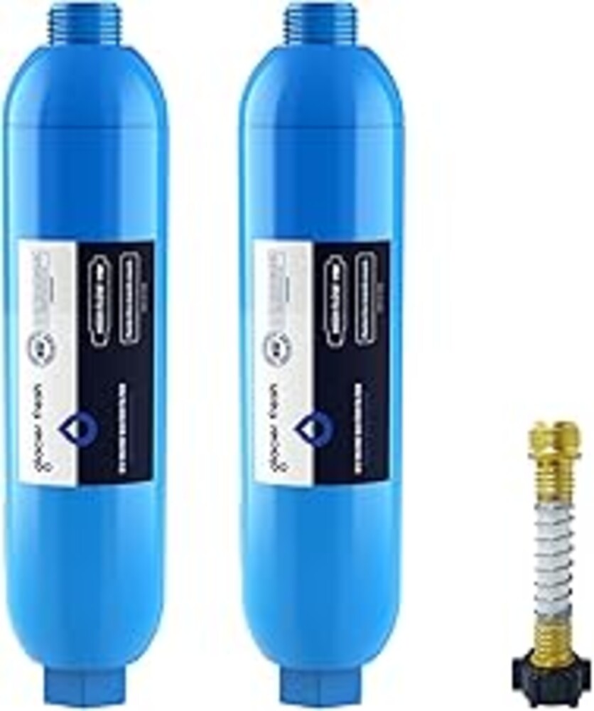 GLACIER FRESH RV/Marine Water Filter with 1 Flexible Hose Protector, Greatly Reduces Bad Taste, Odors, Chlorine and Sediment in Drinking Water, 2 Pack