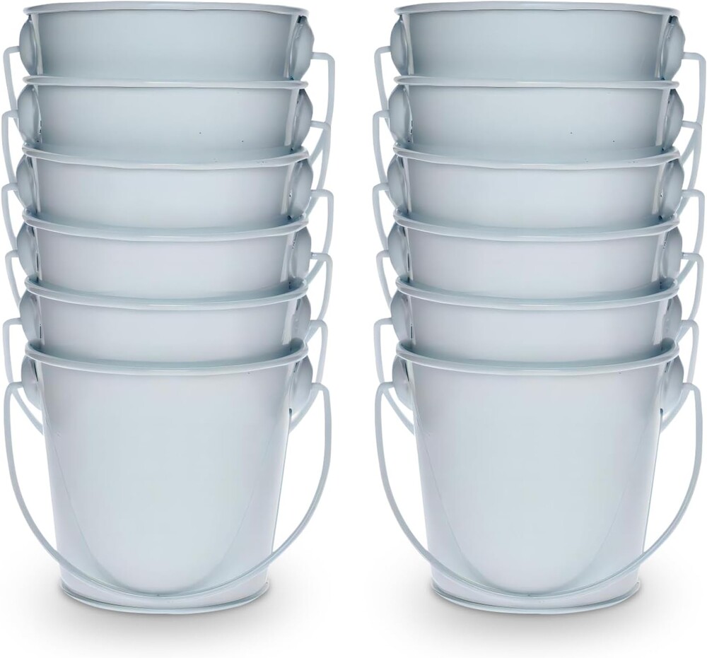 3.1" Galvanized Mini Tin Buckets – 12Pcs White Metal Buckets with Handle, Ideal for Party Favors, Bridal Shower and Craft Projects (White, 3.1")