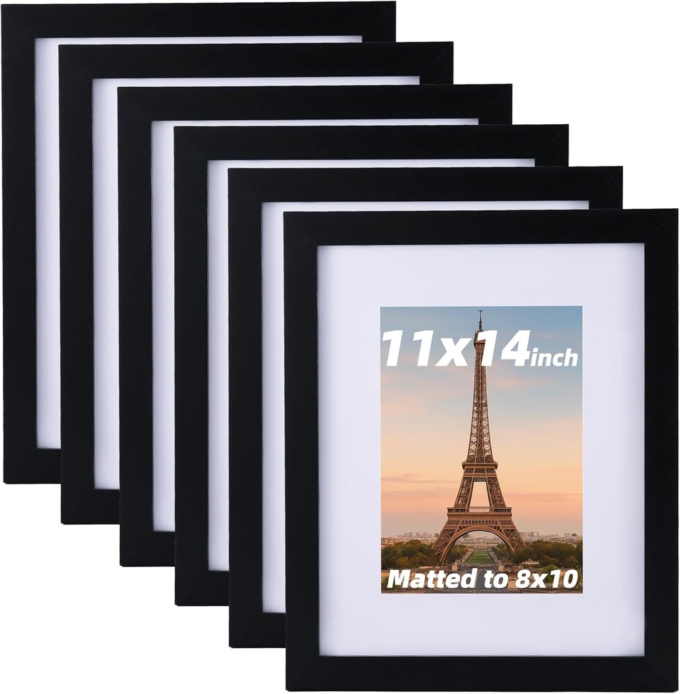 6 Pcs 11x14 Black Picture Frame - Display Pictures 8x10 with Mat or 11 x 14 without Mat - Black Wood Picture Frames for Wall Mounting - Wooden Photo Frame for 11 14 Matted to 8x10 Print Set of 6