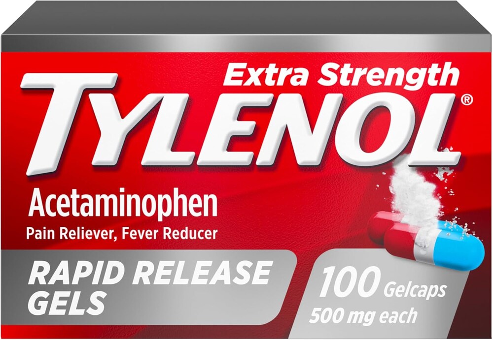 Tylenol Extra Strength Acetaminophen Rapid Release Gels, Fast, Strong Pain Relief, Fever Reducer, 500 mg Gelcaps with Laser‑Drilled Holes for Fast Release, OTC Medicine, 100 Count