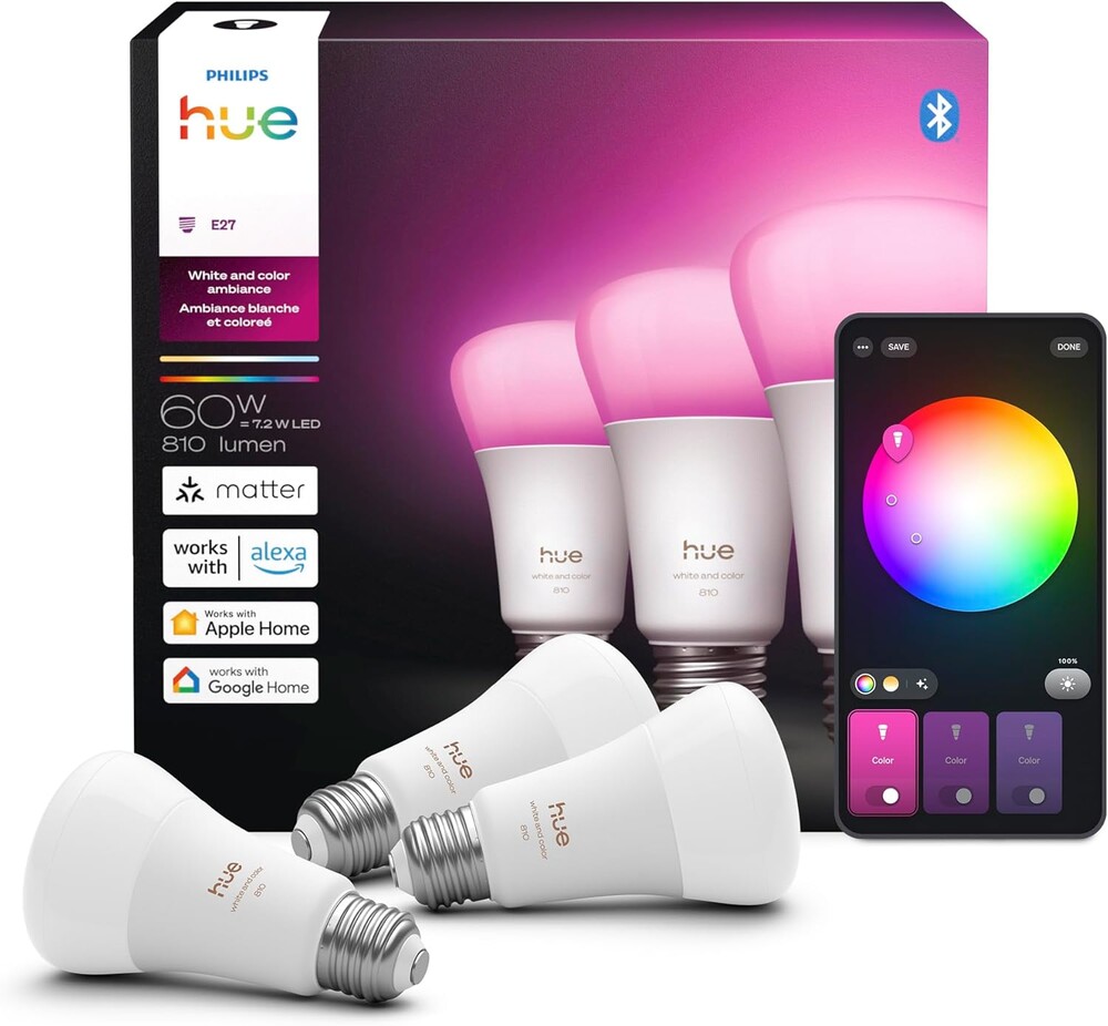 Philips Hue Smart LED A19 Bulb, 3 Pack, White & Color Ambiance, E26 Base, 7.2W, Full Spectrum Light 1000K-20000K, 810 Lumens, Dimmable LED Bulbs, Works with Alexa, Google,& Apple Home