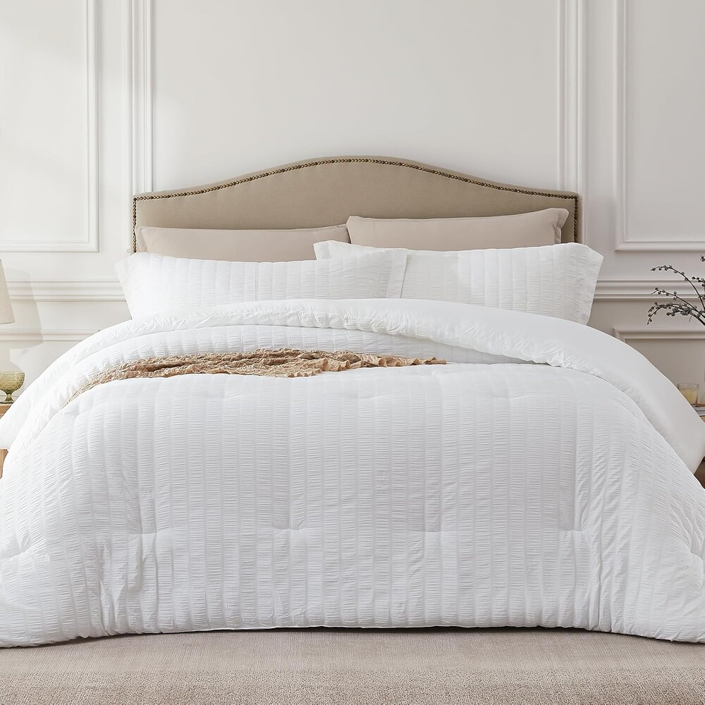 Quataly White Queen Comforter Set - 3 Pieces Seersucker Lightweight Bedding Comforter Sets (1 Soft Fluffy Comforter & 2 Pillowcases) - All Seasons Cozy Modern Bed Sets