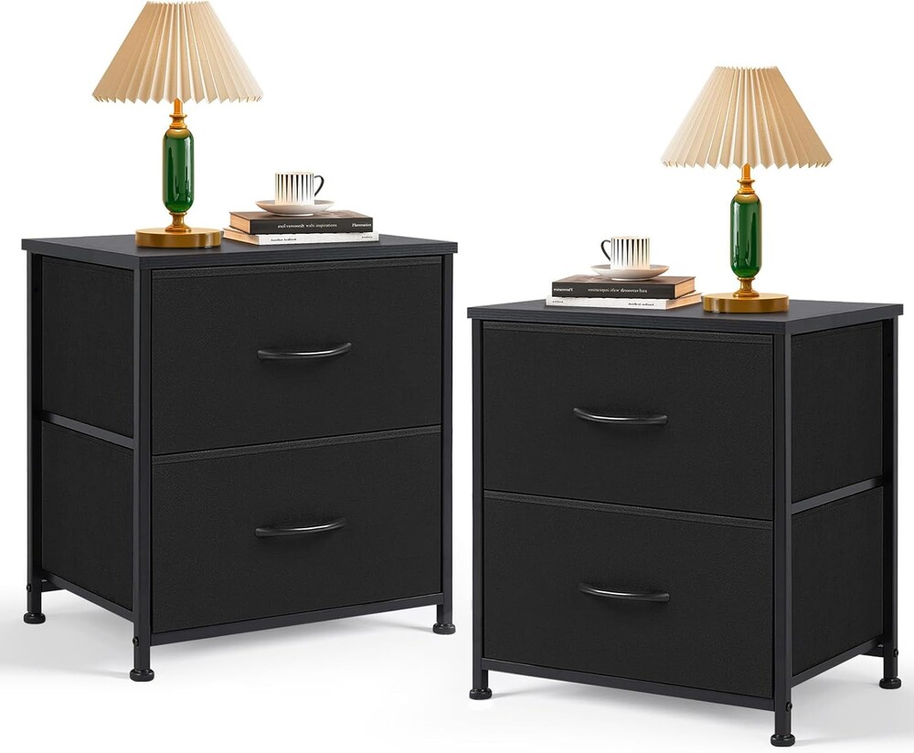 Nightstand Set of 2, Small 2 Drawer Dresser End Table Bedside Furniture, Wooden Top Fabric Bins for Bedroom, Closet, Entryway, Dorm, 11.8" D x 18" W x 20", Black