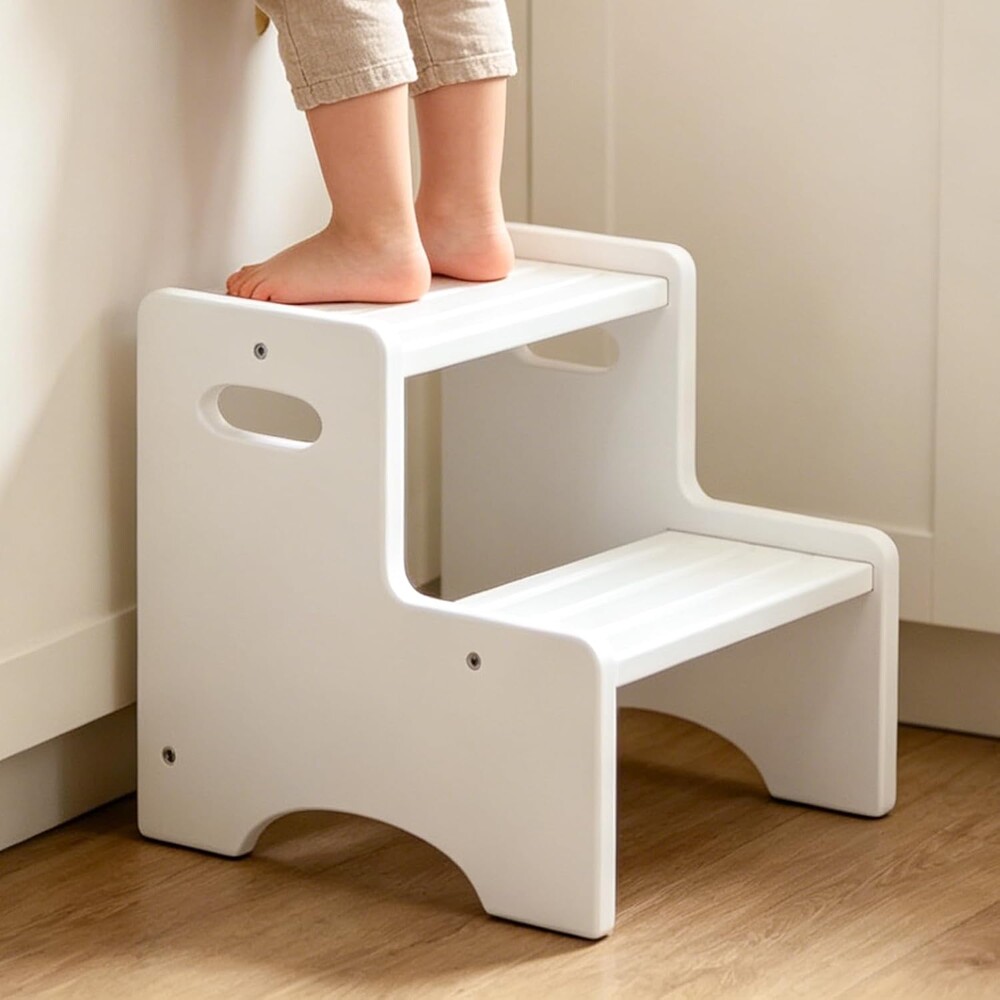 Wooden Toddler Step Stool for Kids, Two Step Stool with Non-Slip Pads & Handles, Potty Training Stool for Bathroom Sink, Toilet, Kitchen, Bedroom (White)