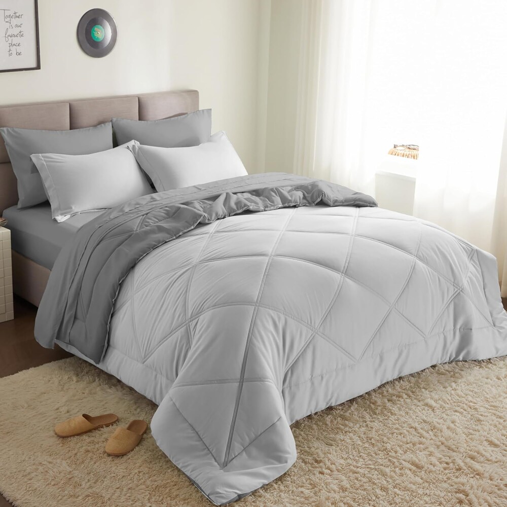 Joiedomi California King Comforter Set with Sheets Light Grey, 7 Pieces Bedding Set with 1 Down Alternative Comforter, 1 Flat Sheet, 1 Fitted Sheet, 2 Pillowcases and 2 Pillow Shams, Bed in a Bag