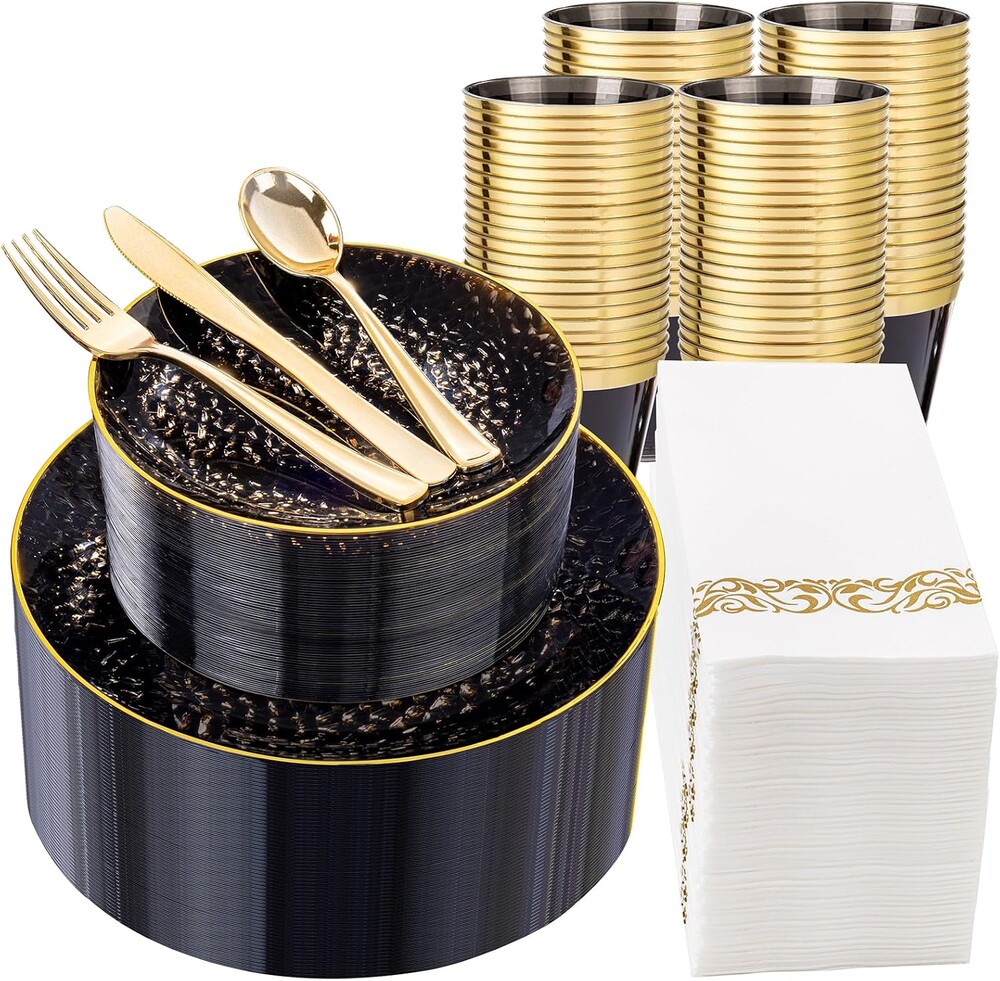 DaYammi 350PCS Clear Black and Gold Plastic Dinnerware Set for Party, Hammered Disposable Plates for Party, Include: 50 Dinner Plates, 50 Dessert Plates 150 Gold Silverware 50 Napkins 50 Cups