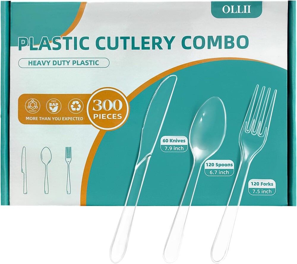 Plastic Silverware 300 Count Heavy Duty Disposable Clear Cutlery Set 120 Forks 120 Spoons 60 Knives for Parties Picnics Wedding Events Gatherings Daily