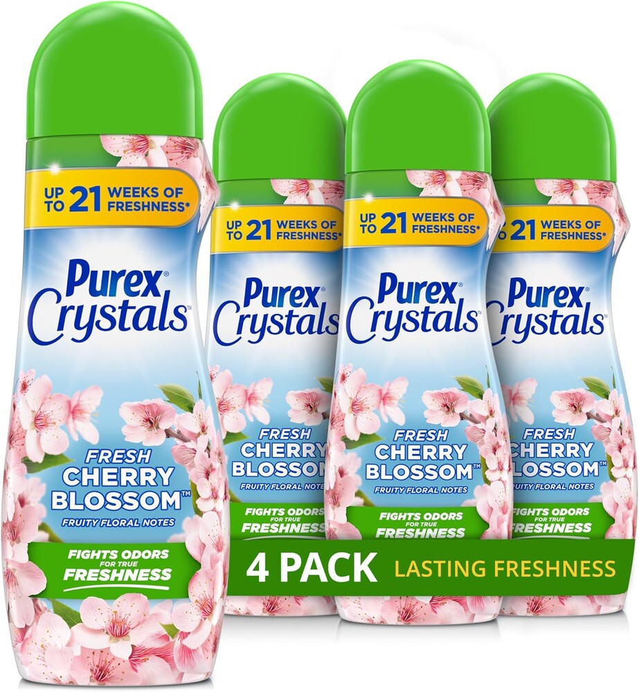 Purex Crystals In-Wash Scent Booster, Fresh Cherry Blossom, 21 oz (Pack of 4), Long-Lasting Freshness & Odor Elimination Technology