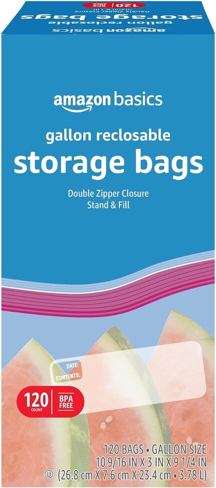 Amazon Basics Reclosable Gallon Food Storage Bags with Double Zipper Seal, Stand and Fill Base, BPA Free, 120 Count