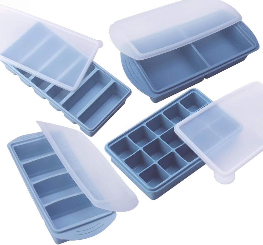 Silicone Freezer Molds Gift Set with 2 Tbsp, 1/2, 1, and 2 Cup Silicone Freezer Trays With Lids - Meal Prep and Kitchen Essentials Bundle (Blue 4 Pack)