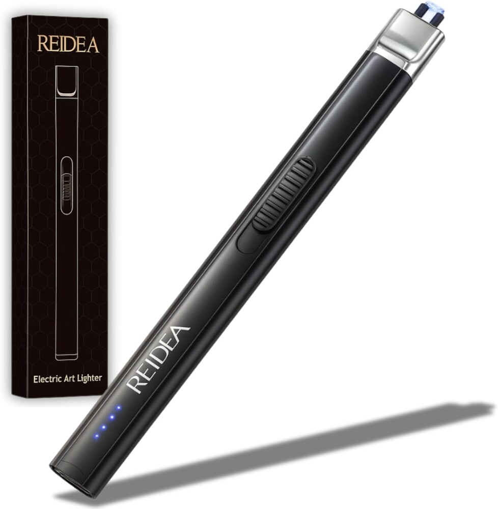 REIDEA Electric Lighter Gift for Candle Lovers, Windproof Flameless USB Rechargeable Arc Retractable Lighter with Safe Button and Power Indicator for Candle, BBQ and Fireworks, R1 Flat, Obsidian Black