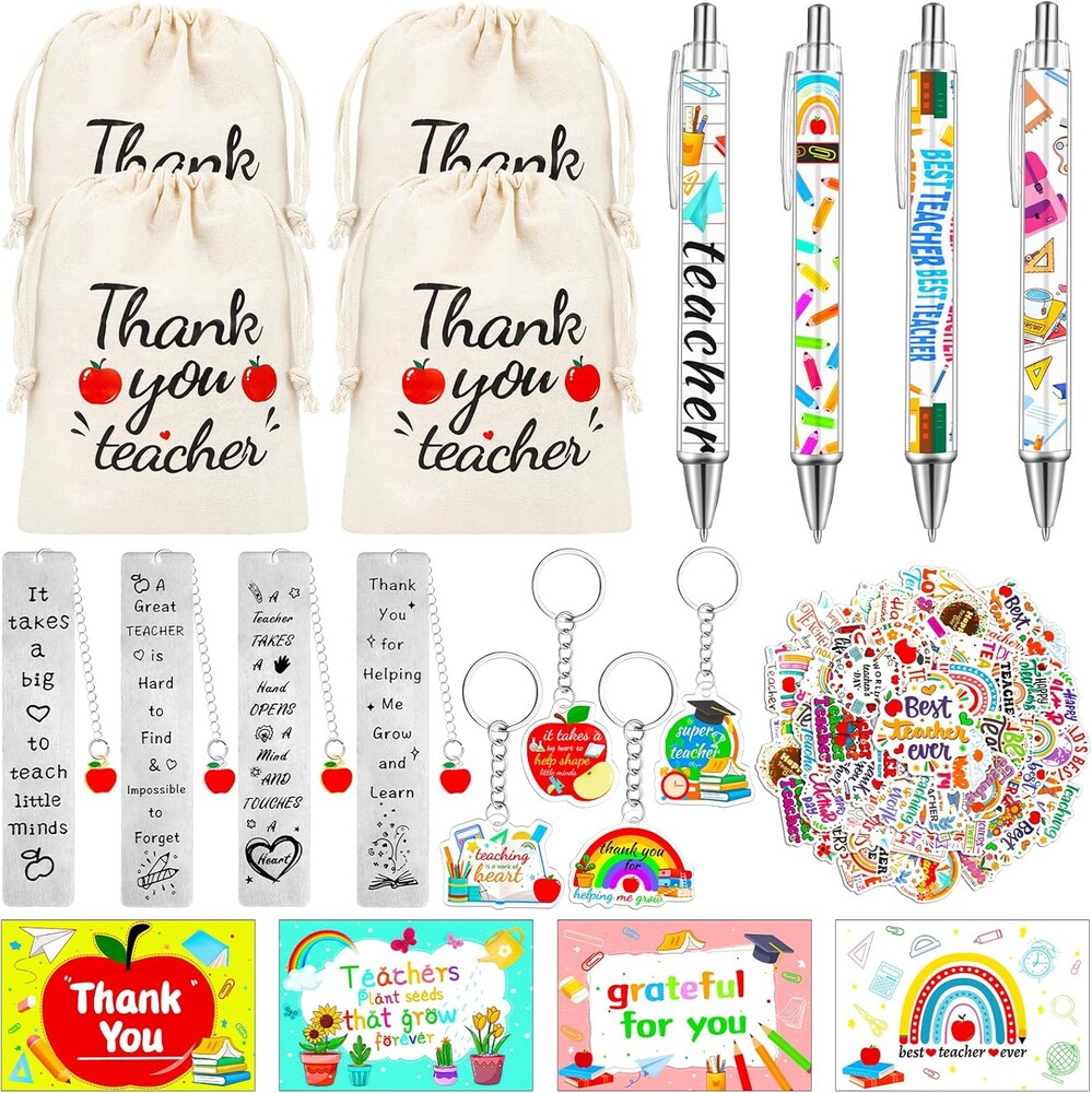 70 Pcs Teacher Appreciation Gifts Bulk Thank You Teacher Gifts with Bookmarks Keychain Ballpoint Pens Drawstring Bags and Stickers Ideal Gifts from Students for Graduation or Teacher Appreciation Week