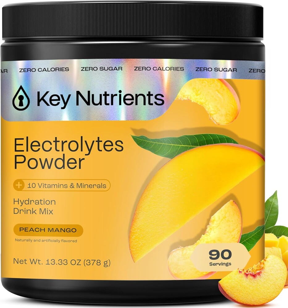 KEY NUTRIENTS Multivitamin Electrolytes Powder No Sugar - Tropical Peach Mango Electrolyte Powder - Endurance & Energy Supplement - Hydration Powder - No Calories - 90 Servings - Made in USA