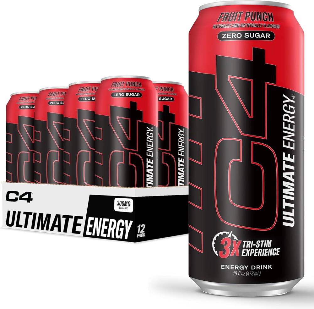 C4 Ultimate Zero Sugar Energy Drink, Tri-Stim Experience with 300mg Caffeine + TeaCrine + Dynamine, Fruit Punch, 16oz (Pack of 12)