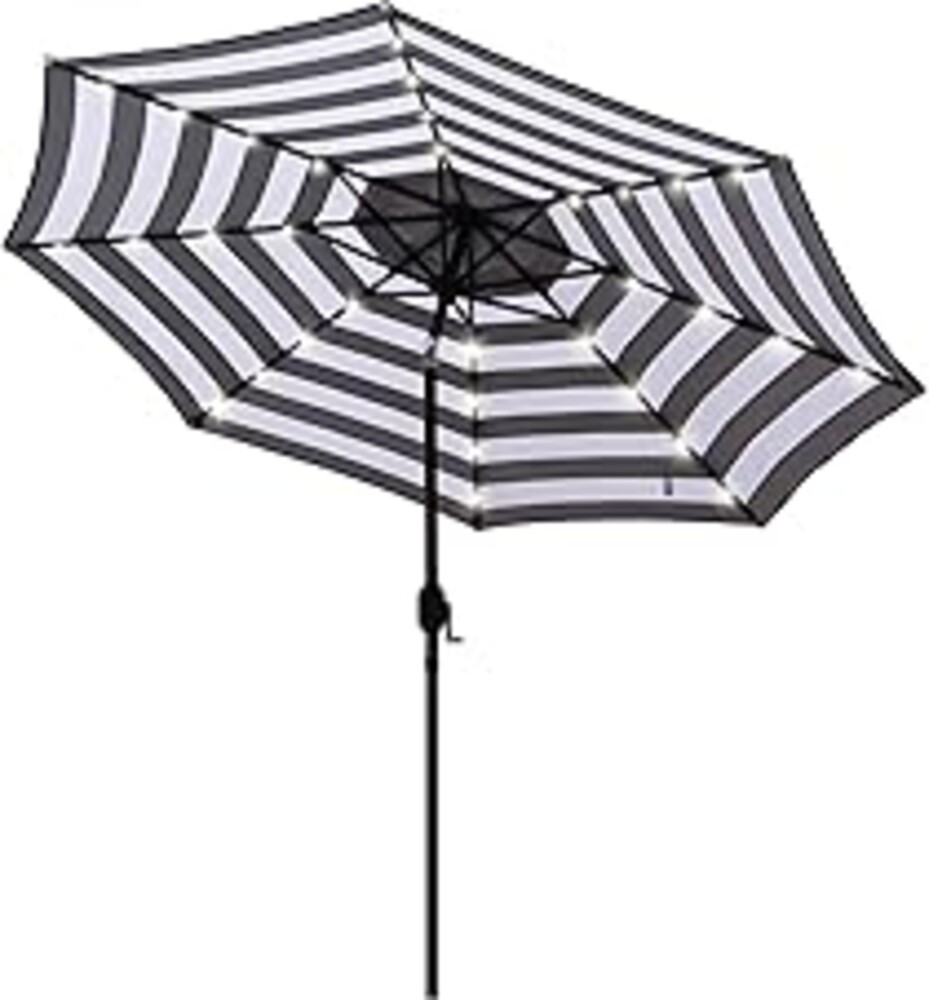 Blissun 9 ft Solar Umbrella 32 LED Lighted Patio Umbrella Table Market Umbrella with Tilt and Crank Outdoor Umbrella for Garden, Deck, Backyard, Pool and Beach (Black and White)