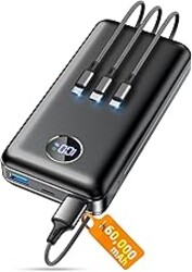Portable Charger Power Bank, 60000mAh Battery Pack with 3 in 1 USB-C/iOS/Micro-USB Cable, 22.5W Fast Charging Portable Phone Charger, Travel Camping Essential Powerbank for iPhone 17/16 Samsung,Ebony