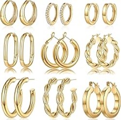 Yesteel 9 Pairs Gold Hoop Earrings for Women, 14K Real Gold Plated Chunky Hoop Earrings Set for Women Hypoallergenic Thick Lightweight Earring for Womens Jewelry Gifts