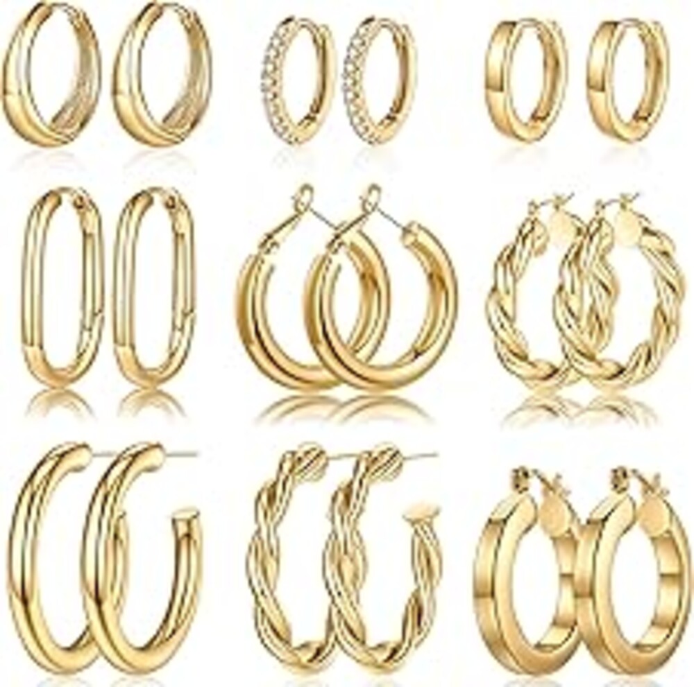 Yesteel 9 Pairs Gold Hoop Earrings for Women, 14K Real Gold Plated Chunky Hoop Earrings Set for Women Hypoallergenic Thick Lightweight Earring for Womens Jewelry Gifts